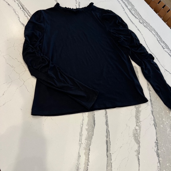 Maeve by Anthropologie Black Ruffle Neck Rouched Long Sleeve Tee- SZ L - Picture 5 of 11